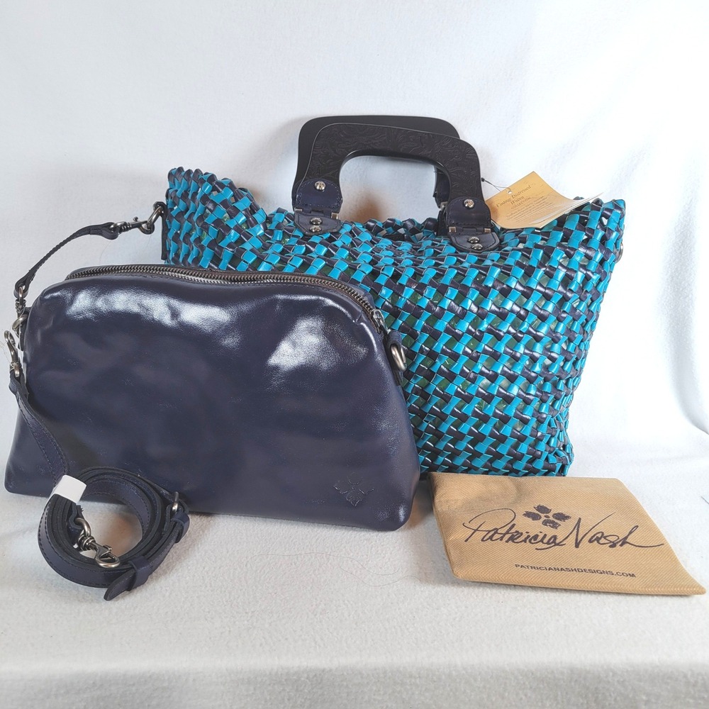 Patricia Nash Women Lorina Woven Large Leather Tote Bag Turquoise Blue Arizona